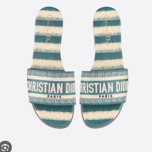 Dior DWAY SLIDE DEEP OCEAN BLUE D-STRIPES EMBROIDERED COTTON 42 - Picture 1 of 11
